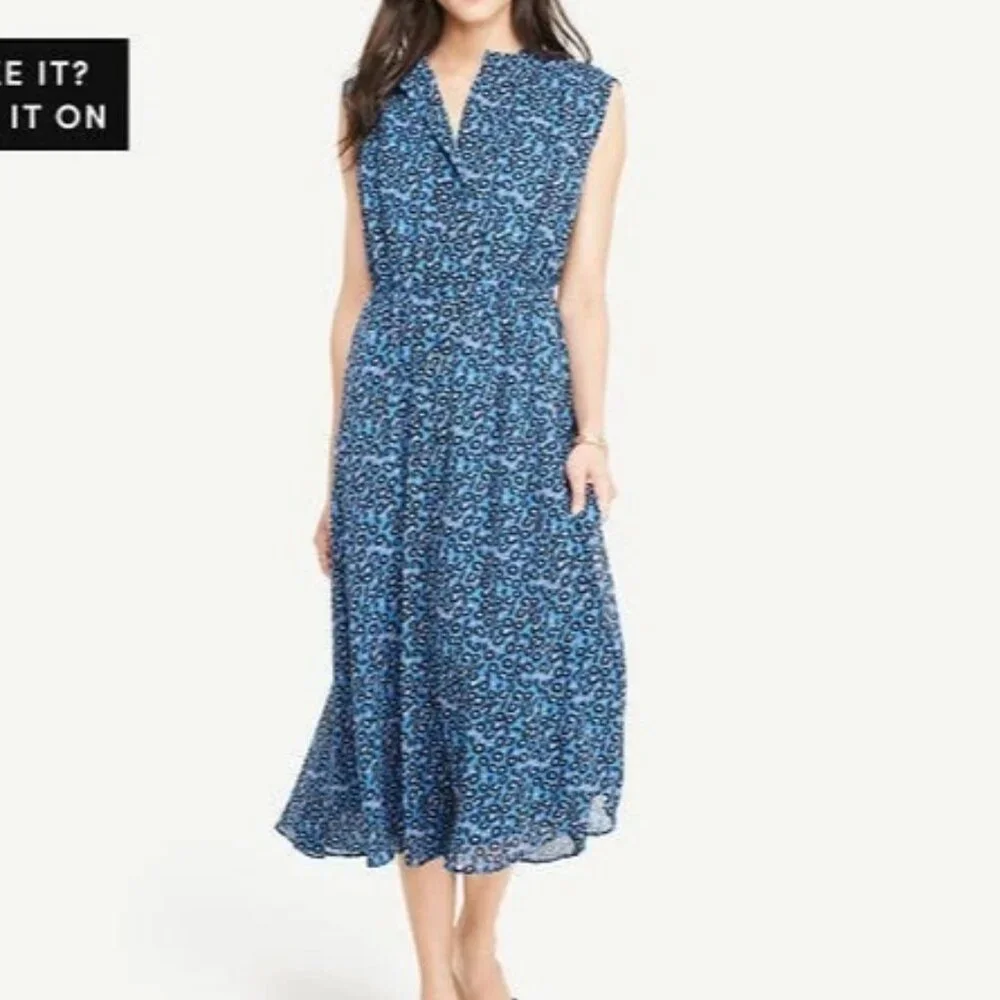 Ann Taylor Blue Morning Glory Button Down Midi Shirtdress - Picture 1 of 10